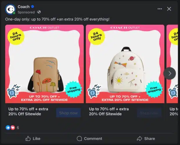 Coach Bunte Facebook -Anzeige, in der Rucksäcke und andere Produkte zum Verkauf angeboten werden