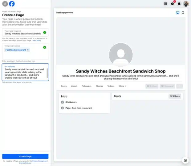 Erstellen Sie eine Facebook -Seite mit Option Bio