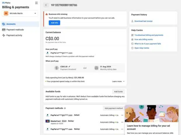 Rechnungen und Zahlungskonten der aktuellen Saldo- und Zahlungshistorie
