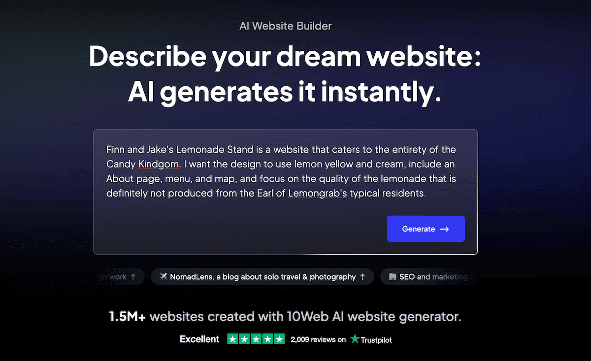 Die 10Web -Website.