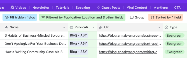 Screenshot zur Organisation von Blog-Artikeln in Airtable