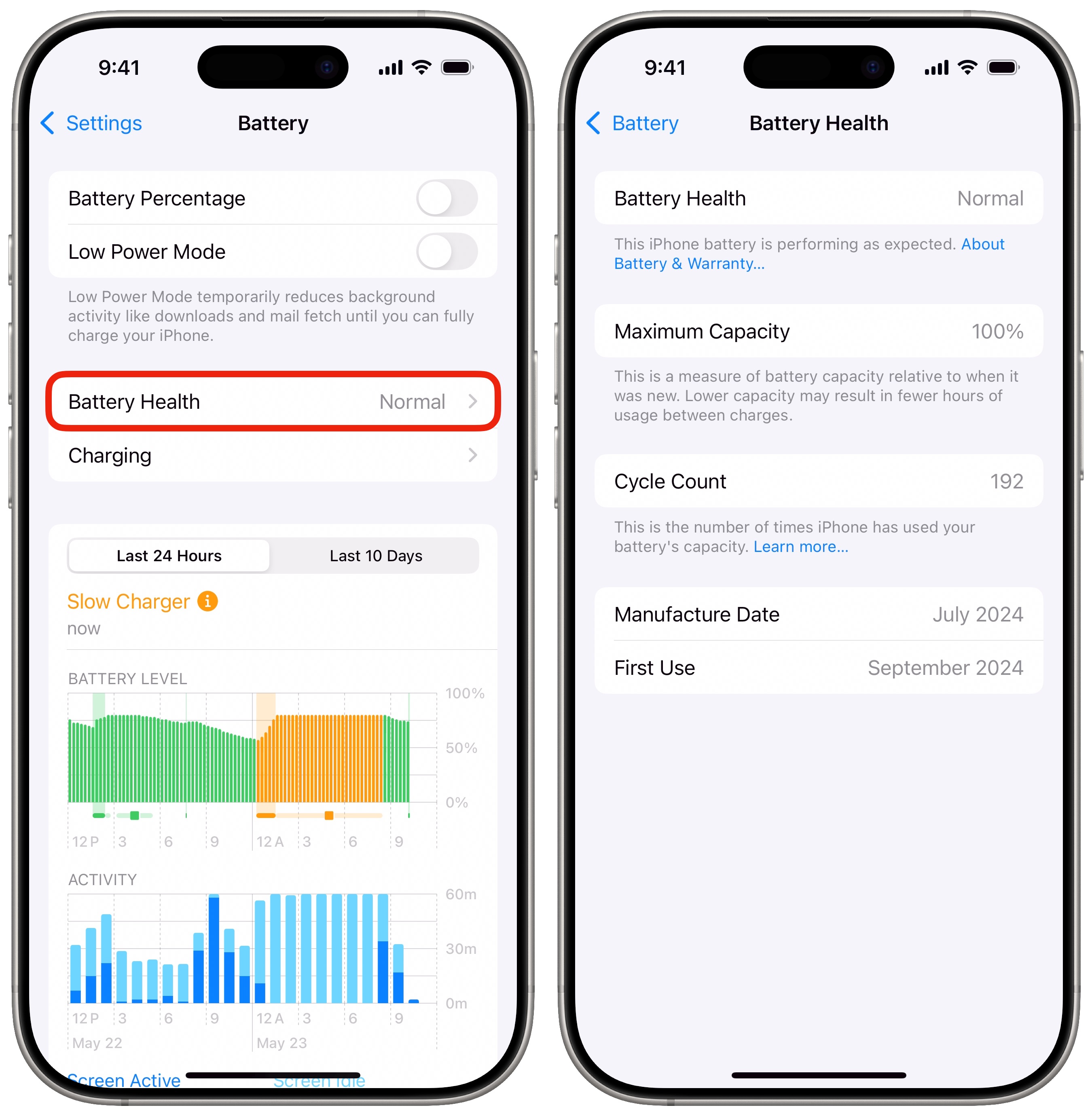 Gesundheit der Batterie Screenshots zeigen, wie Sie die Gesundheit des iPhone -Akkus überprüfen