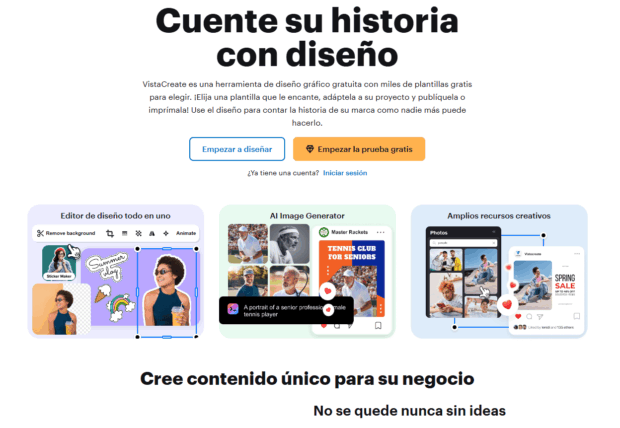 Captura de la página de inicio de vistacreate que te invita a contar tu historia con disño