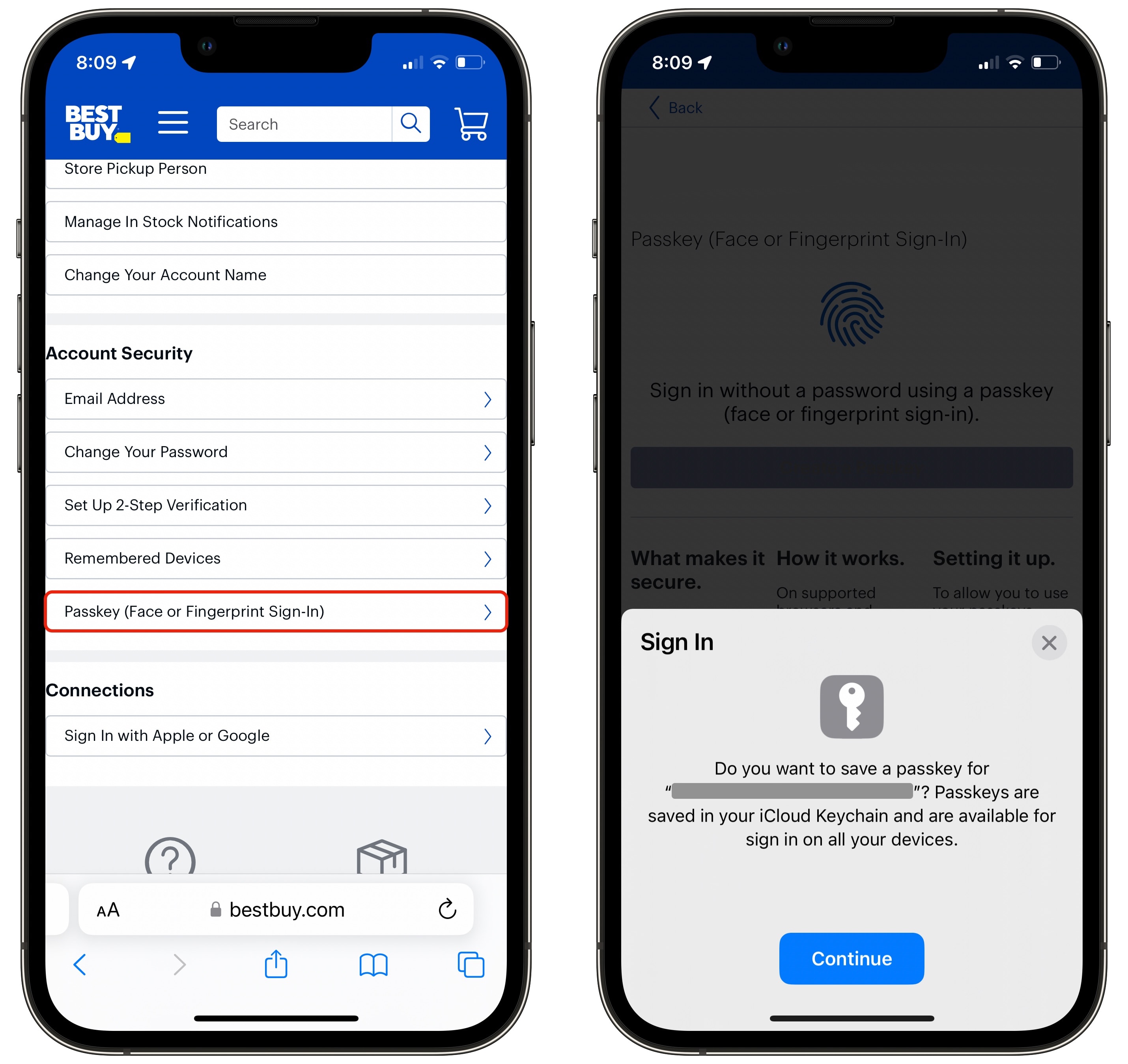 Erstellen Sie PassKey für Best Buy System -Popup mit der Aufschrift „Möchten Sie einen Passkey für„ Kontonamen “speichern? Passkeys werden in Ihrem iCloud -Schlüsselbund gespeichert und können sich auf allen Geräten anmelden.