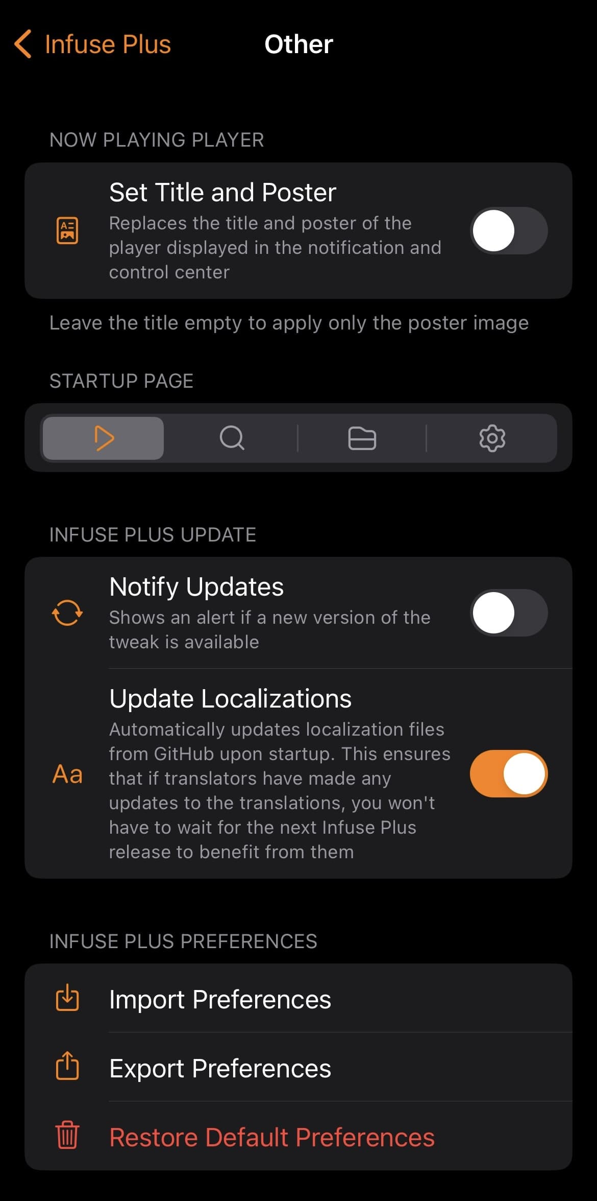 Infuse plus ein anderes Präferenzbereich.