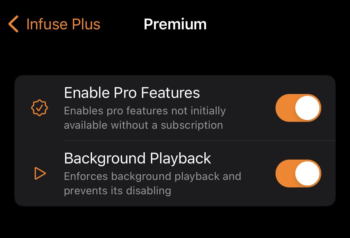 Infuse plus Premium -Präferenzbereich.
