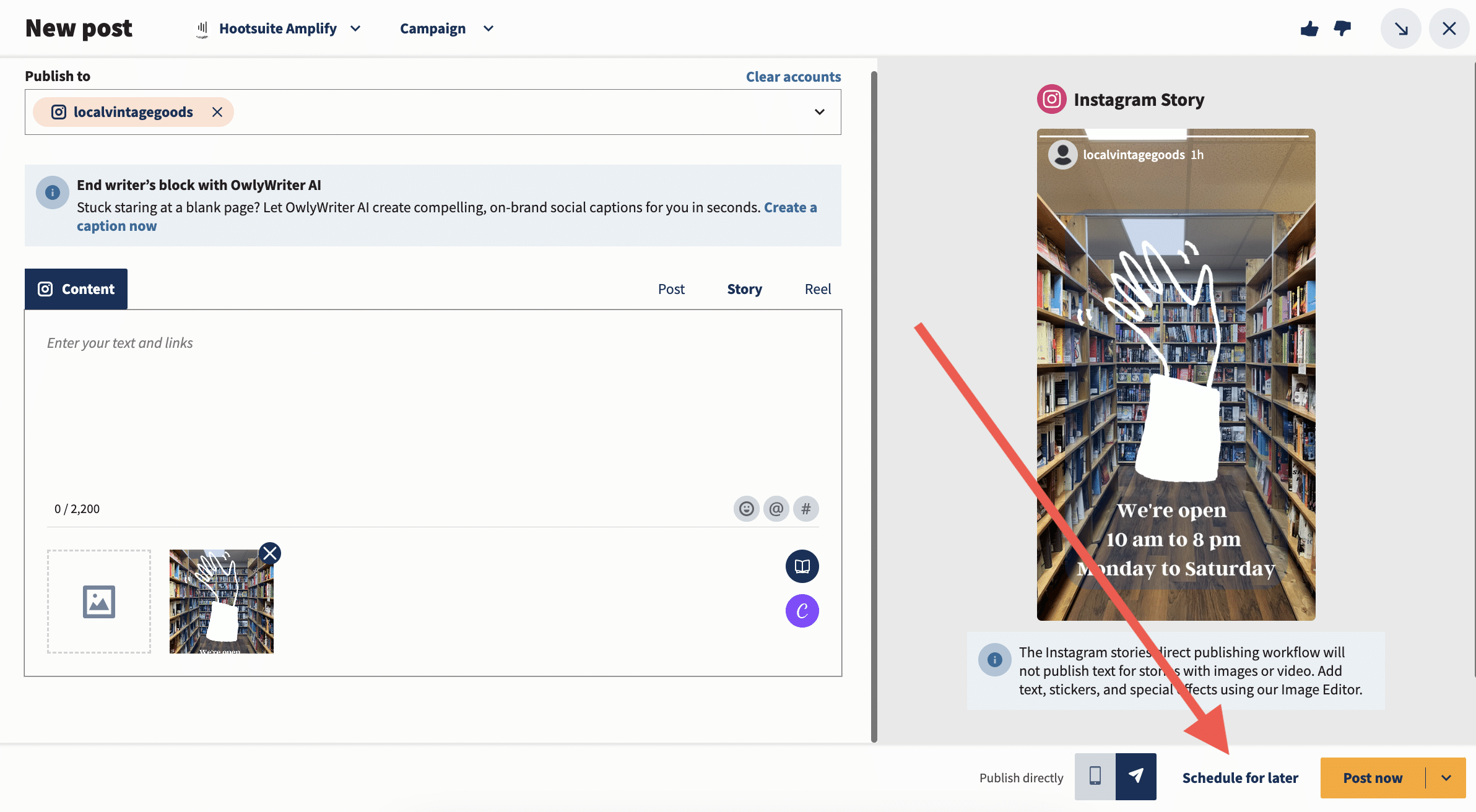 Captura de Pantalla Del Programador de Historias de Instagram de Hootsuite