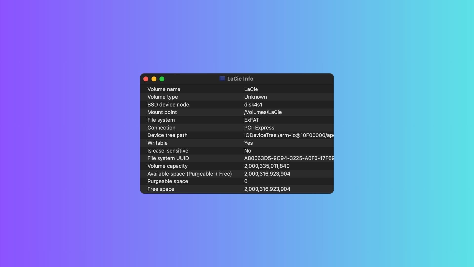 Lacie Thunderbolt 5 SSD Voll beworbenen Speicherplatz.