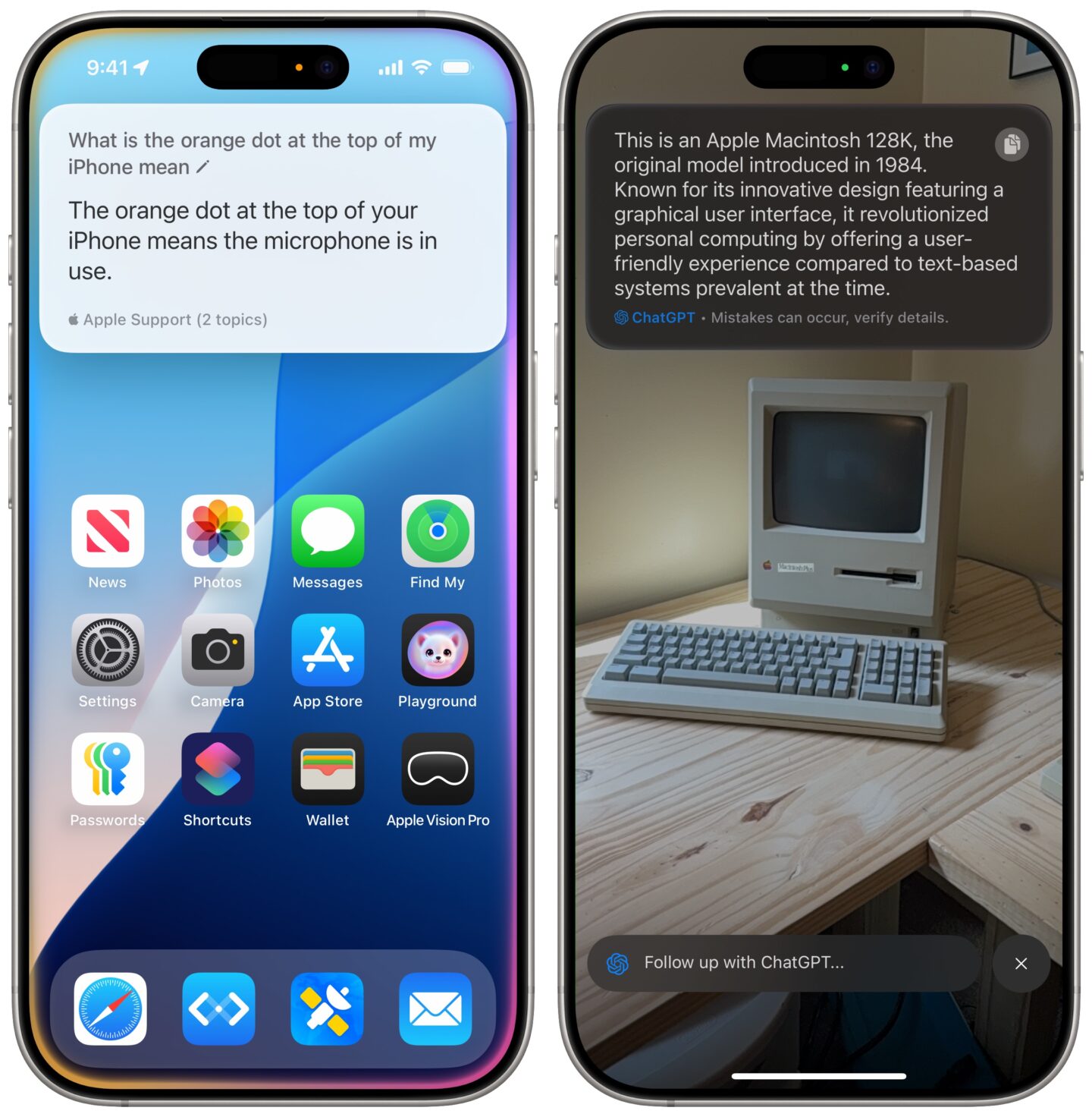 Orange und grüne Punkte Orange und grüne Punkte oben auf einem iPhone, mit Siri sprechen und visuelle Intelligenz verwenden.