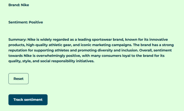 Analizador de Sentimiento de Marca de Hootsuite: Sentimiento positivo de nike con Resumen