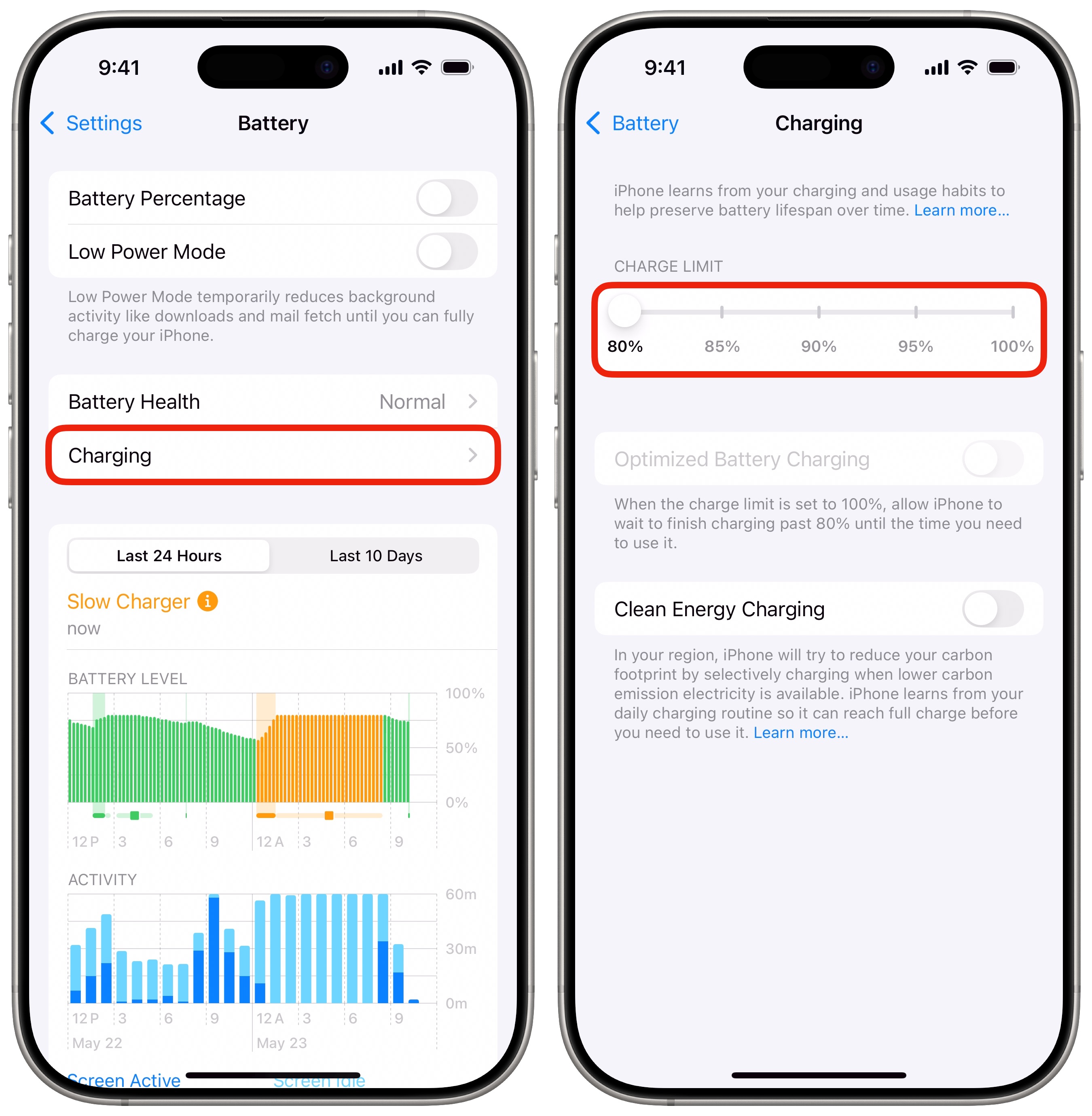 Batterieladungsgrenze einstellen Screenshot zeigt ein Batterieladungslimit von 80% für die Gesundheit der iPhone -Batterie.