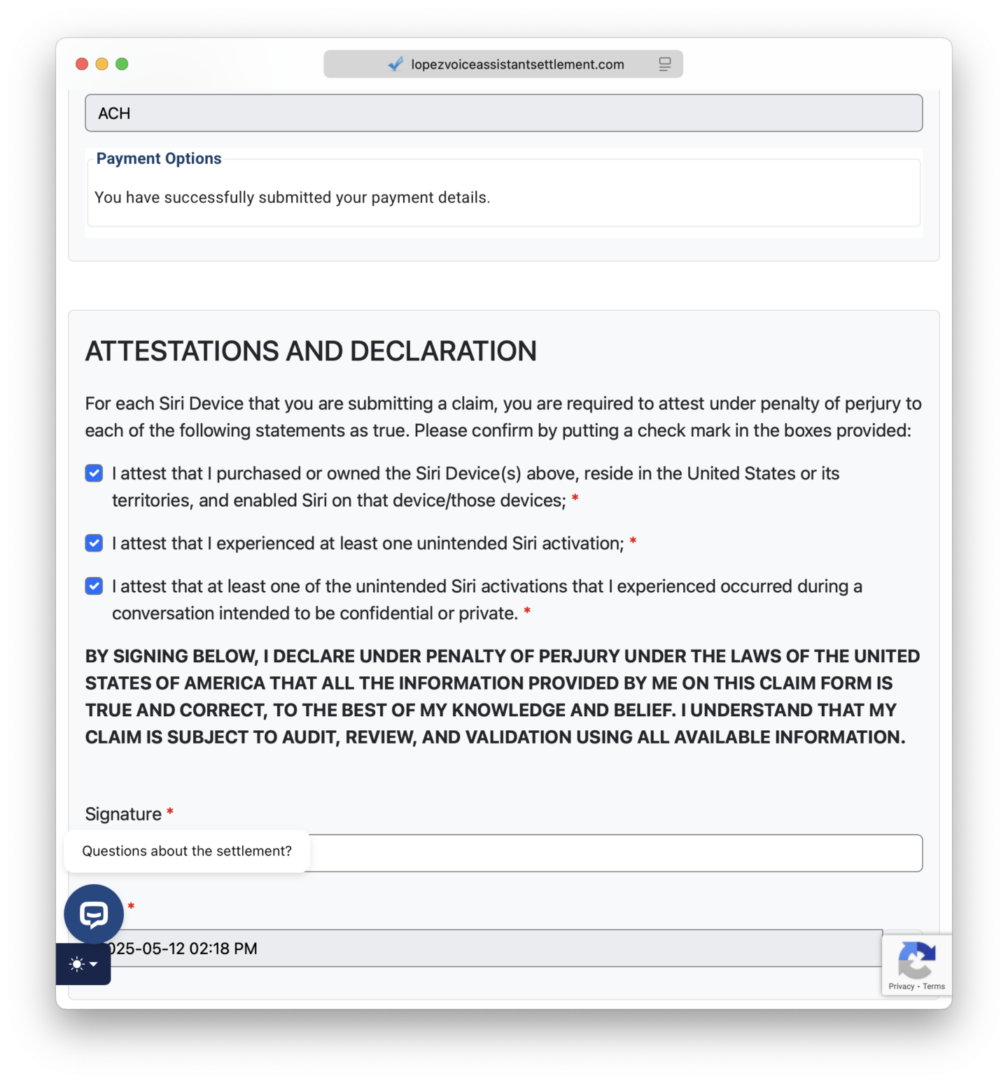 Siri -Siedlungsbescheinigungen Einreichung eines Anspruchs in Safari