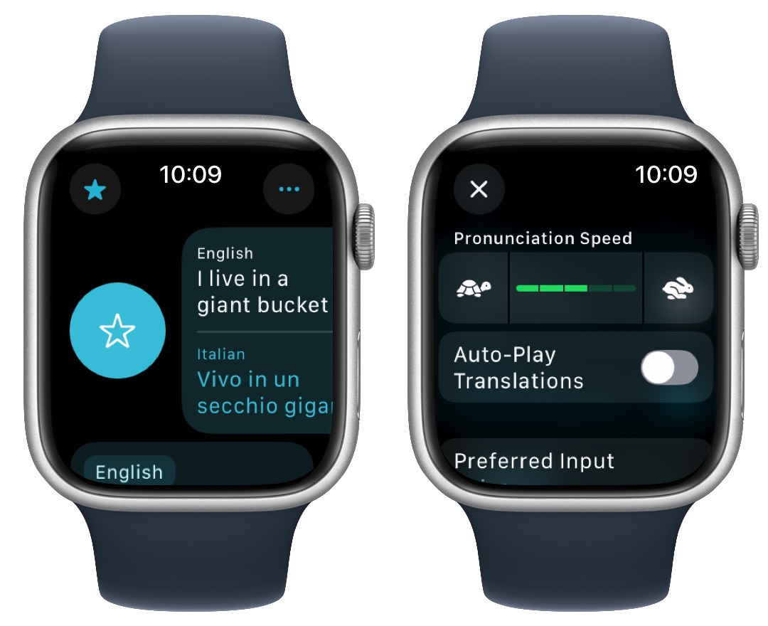 Übersetzen Sie die App -Favoriten und -einstellungen Markieren Sie einen Satz als Favorit und Anzeigeneinstellungen.