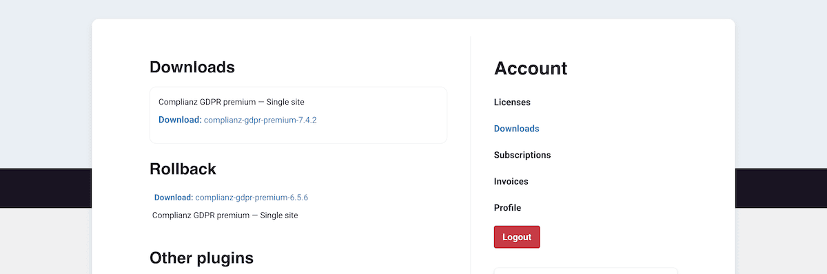 Das Complianz -Account Dashboard.