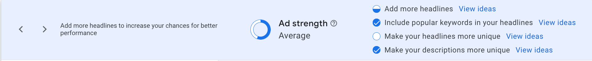 Responsive Such AD (RSA) in Google -Anzeigen zeigt Anzeigenstärkeindikator und Ideen anzeigen