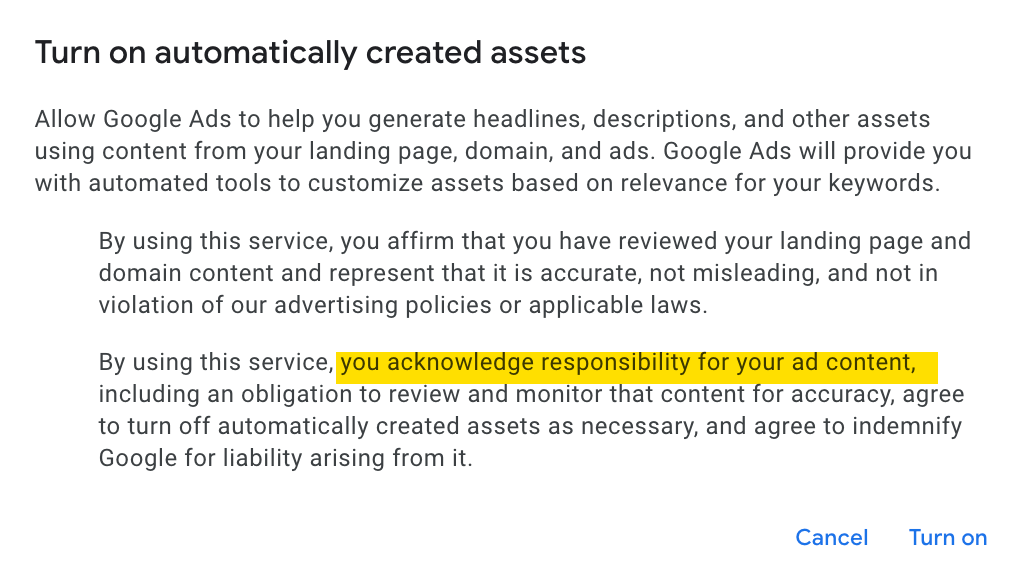 Opt-in Haftungsausschluss für automatisch erstellte Vermögenswerte in Google Ads