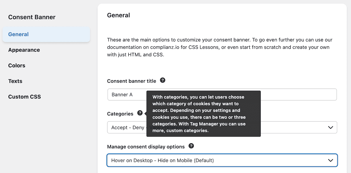 Ein Tooltip für eine Einverständniserklärung -Banneroption in Complianz.