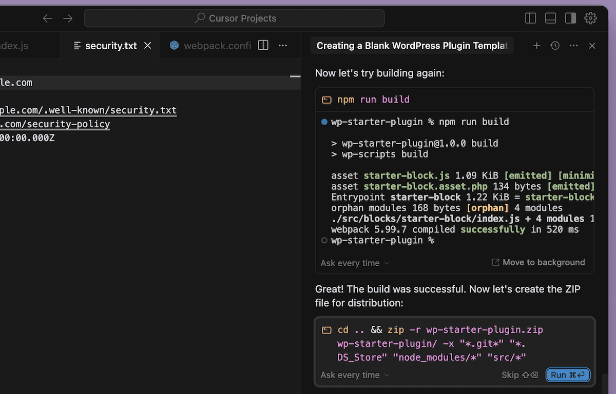 Ein Chat -Fenster in Cursor, das eine Build -Fix- und Erfolgsnachricht anzeigt.