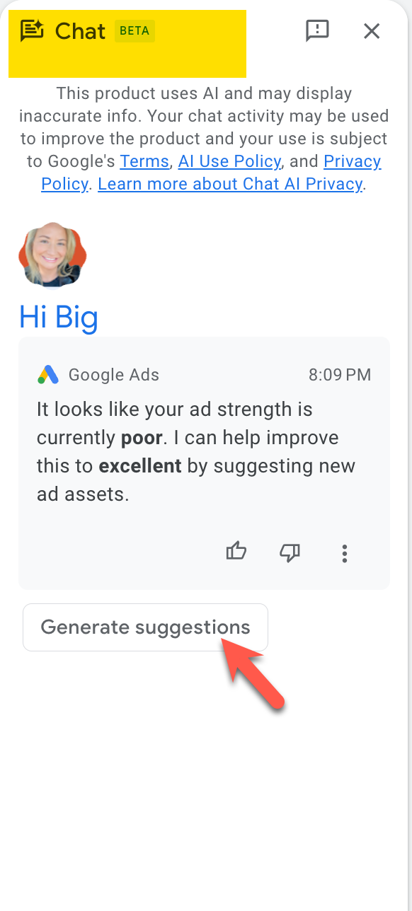 Screenshot Chat Beta -Hilfe in Google -Anzeigen