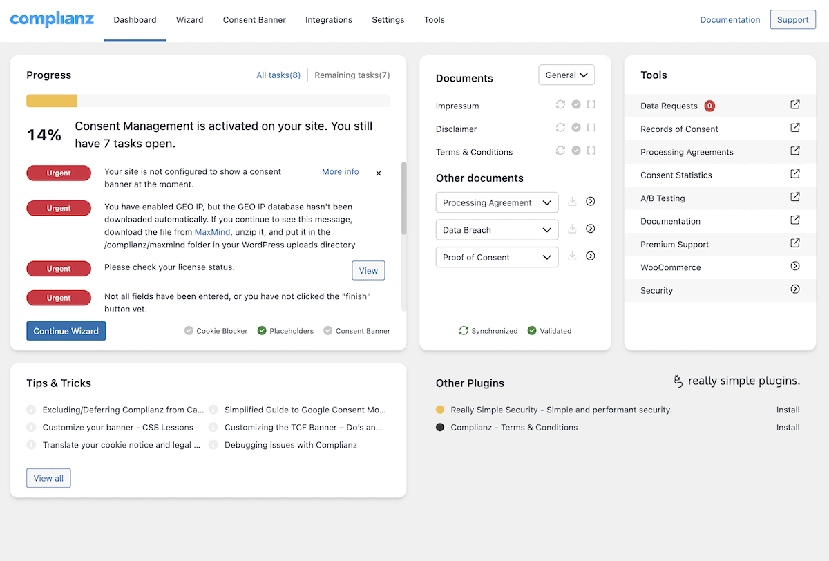 Das Komplianz -Dashboard in WordPress.
