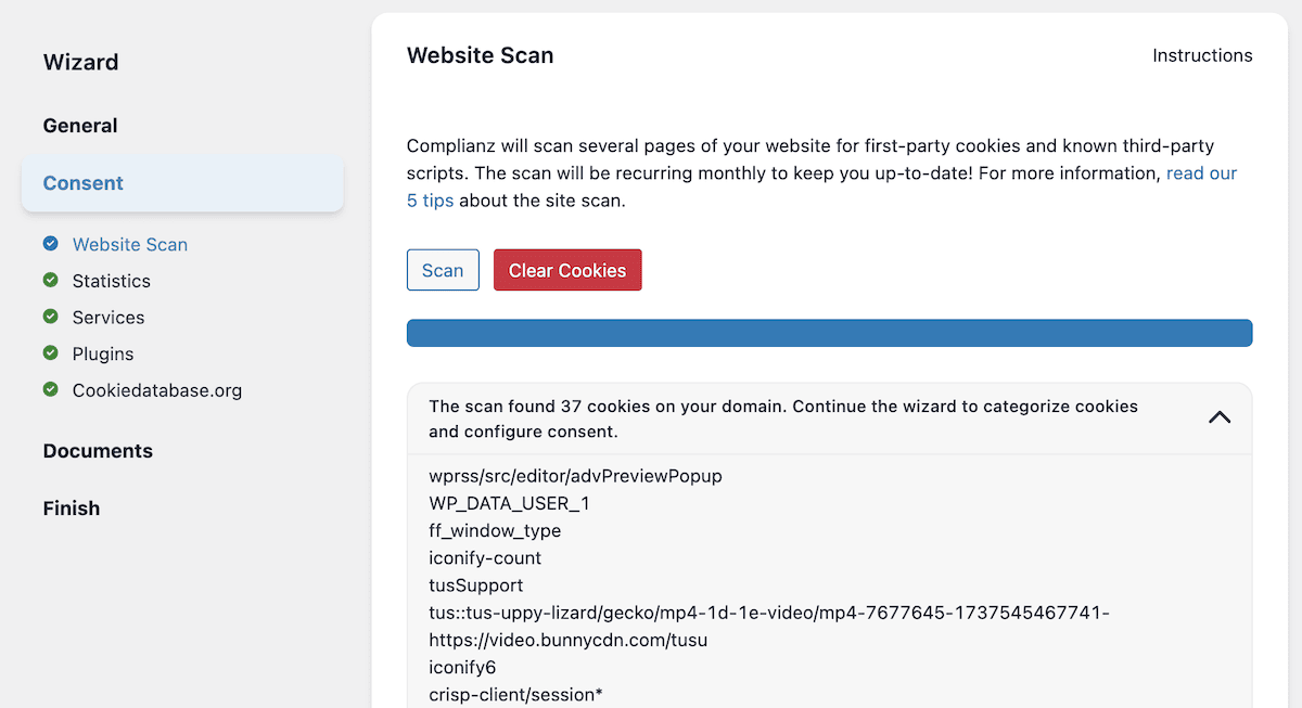 Ergebnisse aus dem Komplianz -Cookie -Scanner.