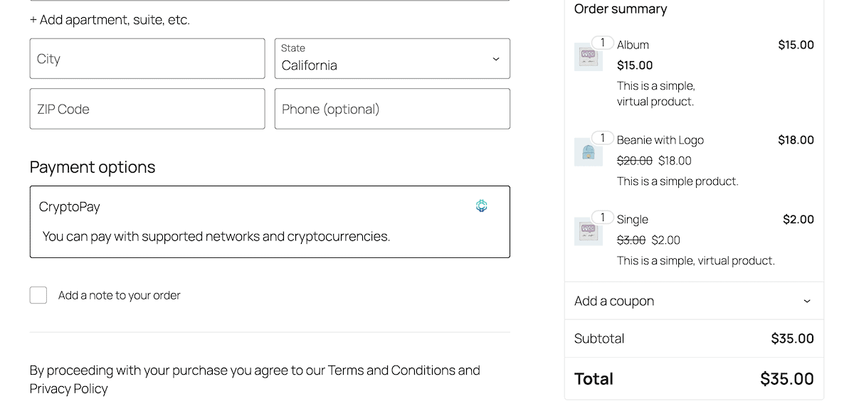 Die Cryptopay -Option an der WooCommerce -Kasse.