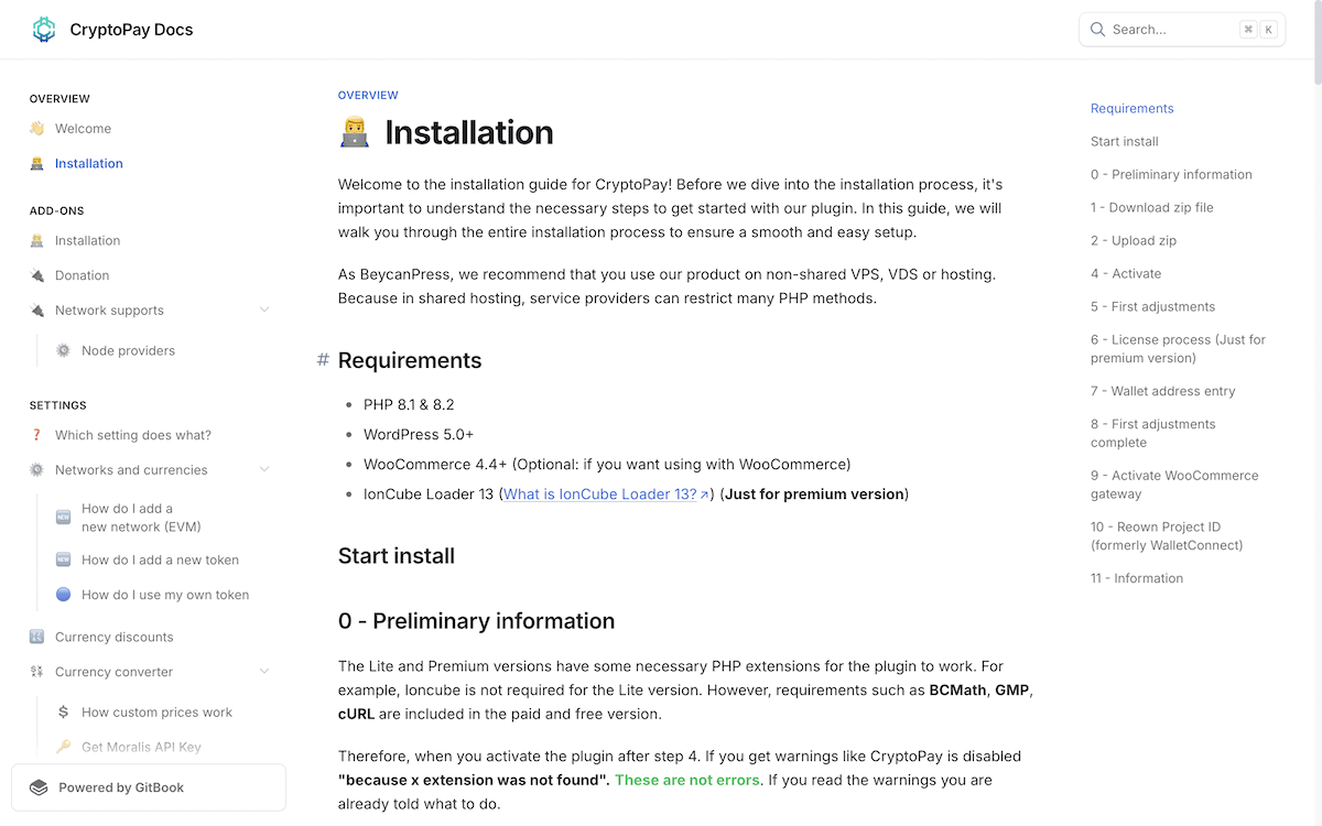 Dokumentationsseiten von Cryptopay.
