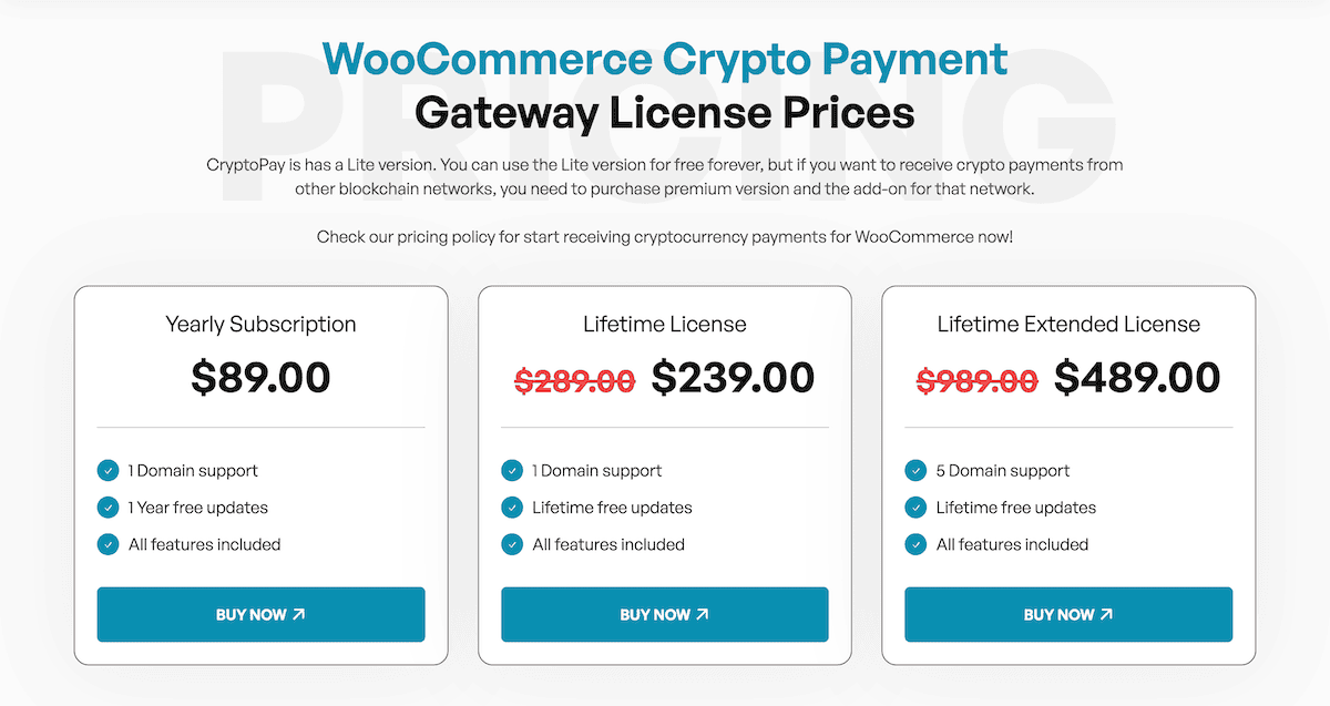 Die Cryptopay -Preistabelle.