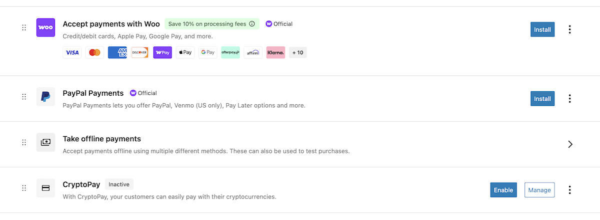 Auswahl von Cryptopay aus den Einstellungen von Woocommerce.