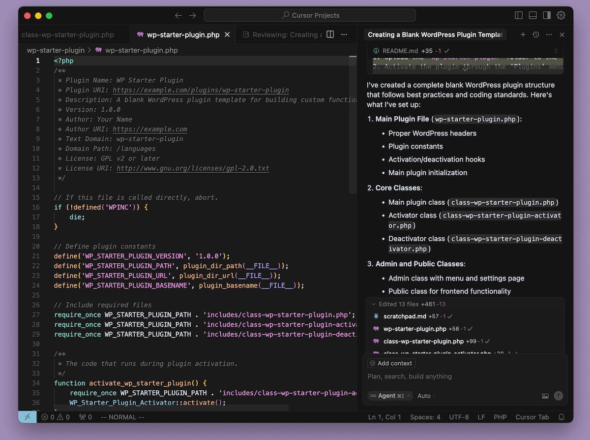 Die Cursor -App zeigt den WordPress -Code von Boilerplate.