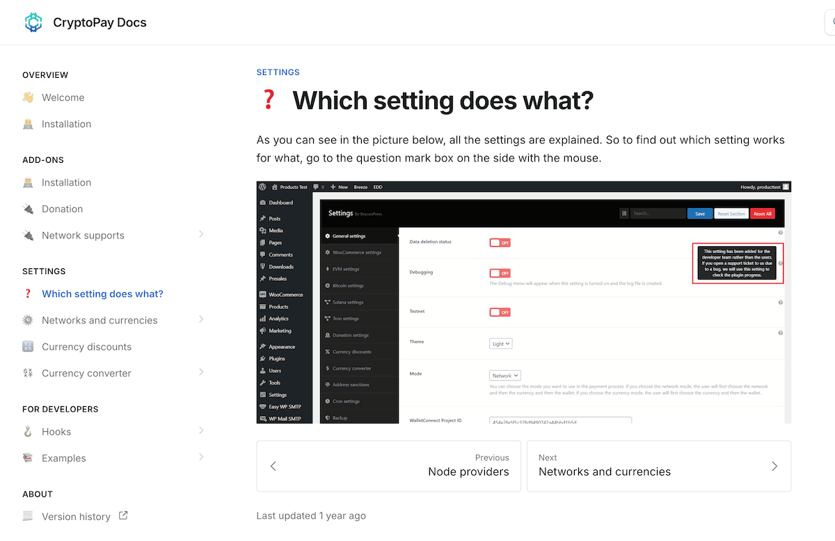 Eine Kryptopay -Dokumentationsseite zum Verständnis der Einstellungen.