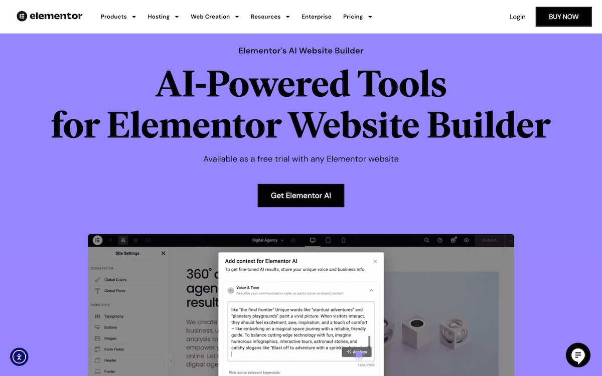 Die Homepage der Elementor AI.