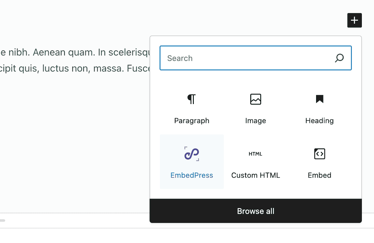 The EmbedPress Block within the Block choosing dialog box within WordPress.