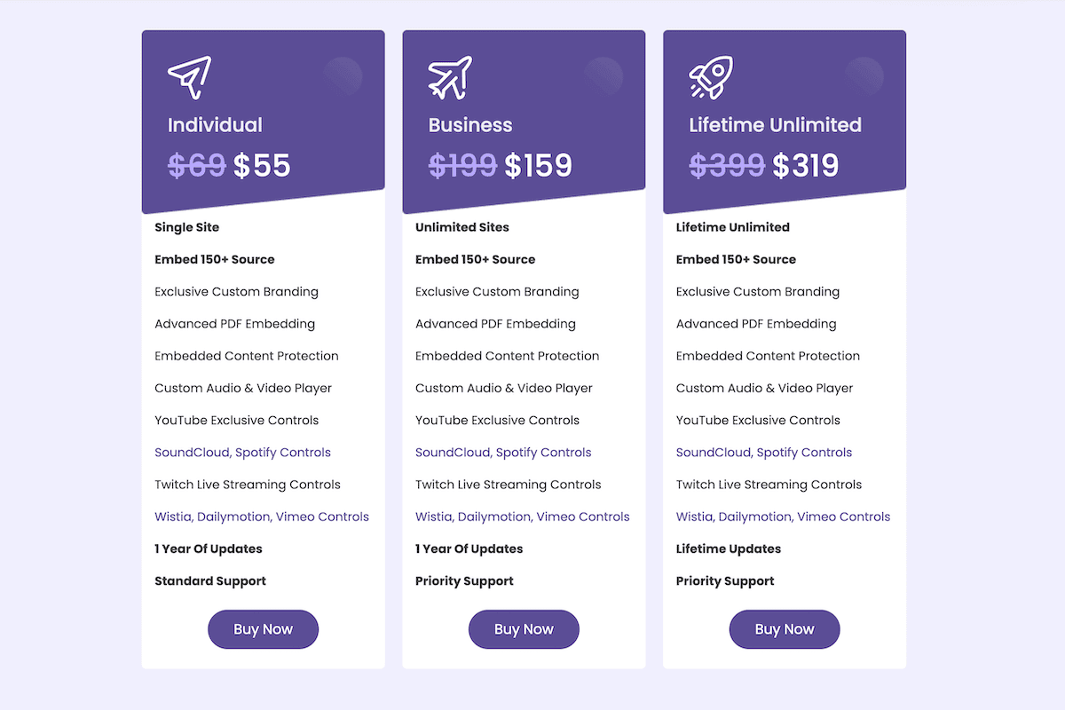 The EmbedPress pricing page.