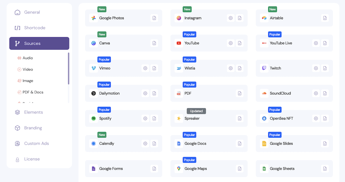EmbedPress' Sources tab.