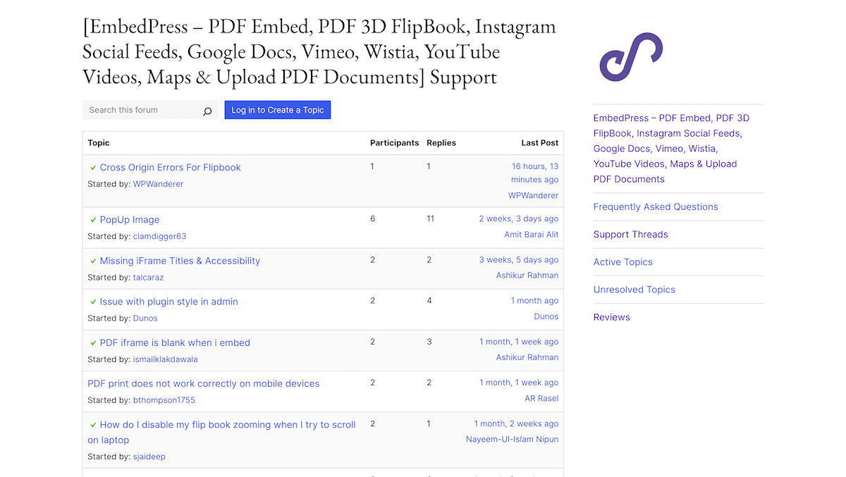 The WordPress support pages for EmbedPress.