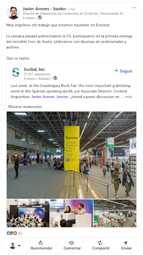 Publicación en llinkedin director de adquisición de condenidos de scribd hablando sobre la teilh
