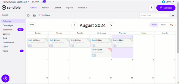 Tableau de Bord et Calendrier de Sendbar