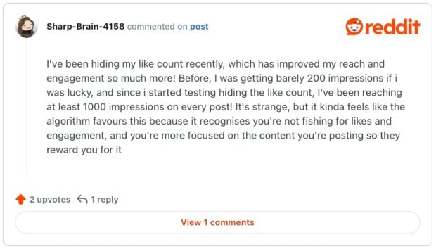 Publicación de Reddit Sobre Cómo Ocultar El Número de Me Gusta en Instagram y aumentar las Impressiones
