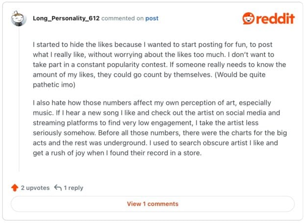publicación de Reddit Sobre Cómo Ocultar Los Me Gusta Para Disfrutar Más del Arte