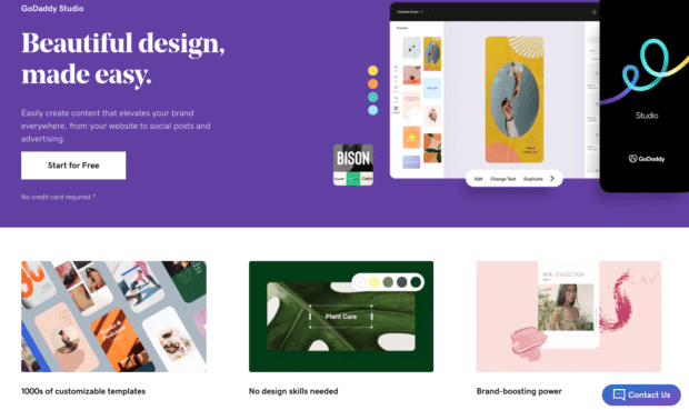 Captura de la Página de Inicio de Godaddy Studio