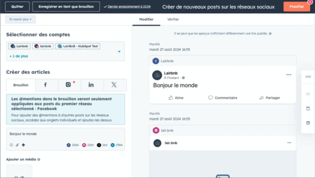Réation d'Fe Nouvelle Publikation Pour Les Réseaux Sociaux Dans Hubspot