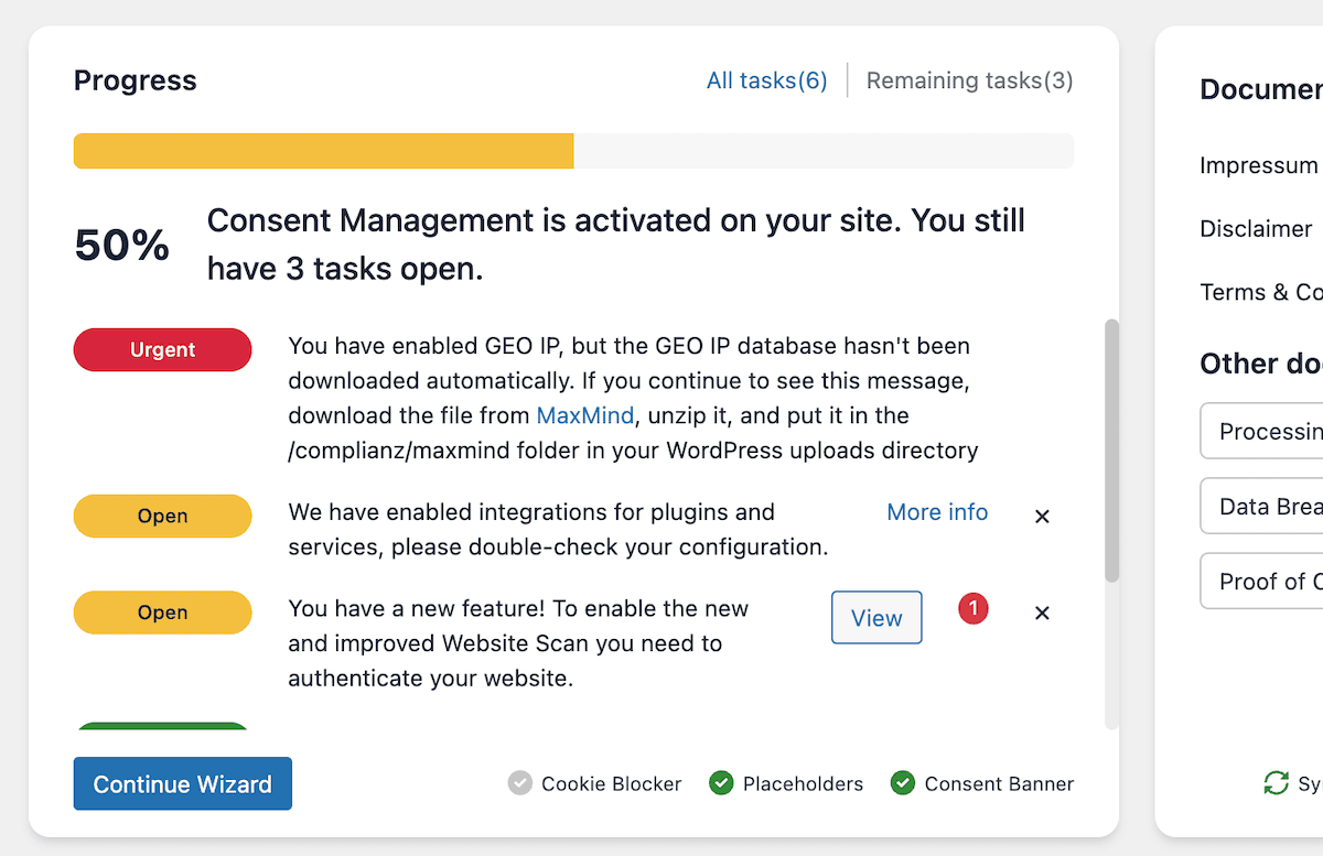 Die Fortschrittskarte auf dem WordPress Complianz Dashboard.