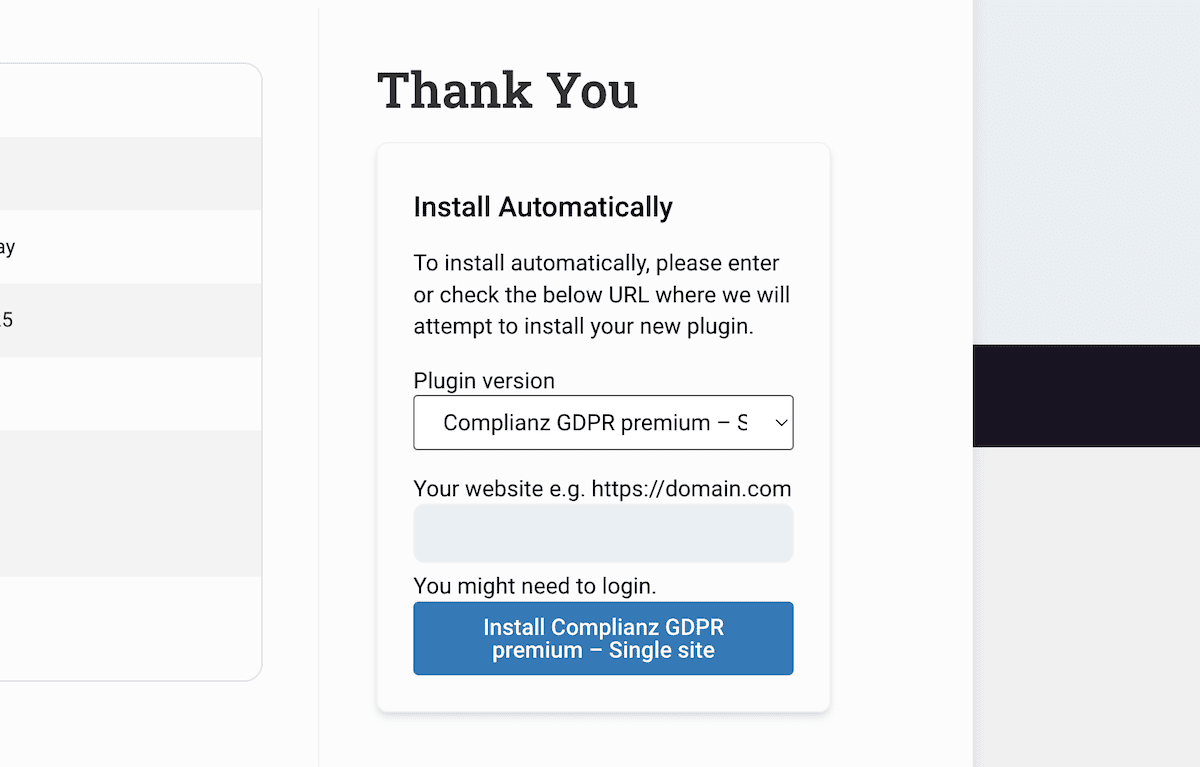 Eine Option zum Installieren von Komplianz auf dem Kassebildschirm.