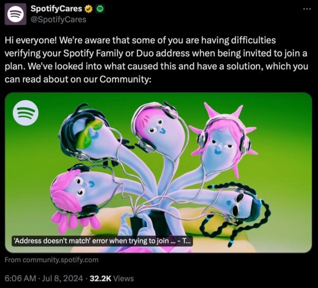 Publicación de Spotify Cares en x