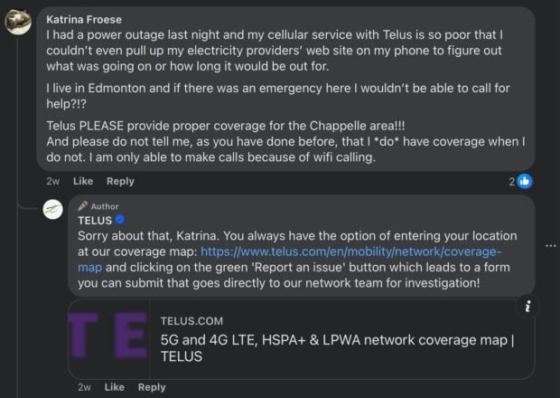 Respuesta de telus al comentario de un cliente, Dirigiéndolo A UN -Enlace