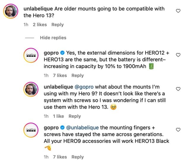 Respuesta de gopro a un comentario sobre el lanzamiento del helden 13.