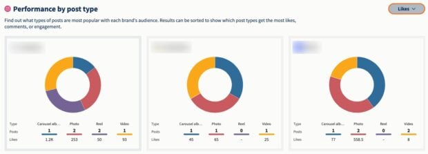 Análisis wettbewerbsfähige Soziale en hootsuite Analytics: Rendimiento Por Tipo de Publicación, Gráficos Circulares