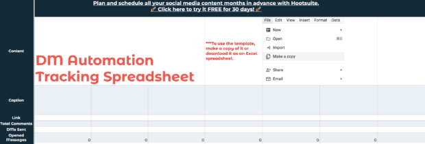 Visual von Hootsuite's Free DM Automation Tracking -Tabelle