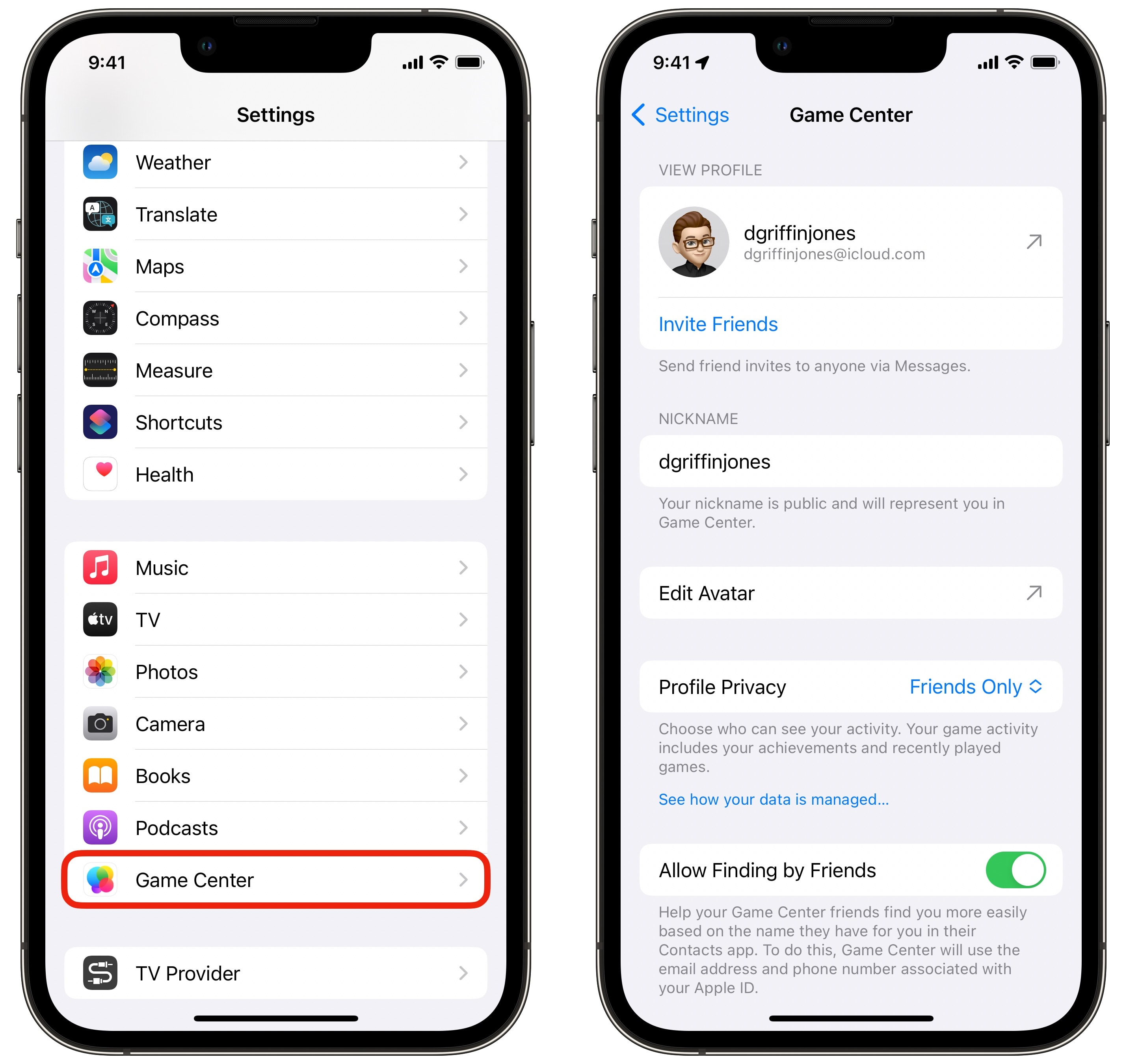 Game Center -Einstellungen